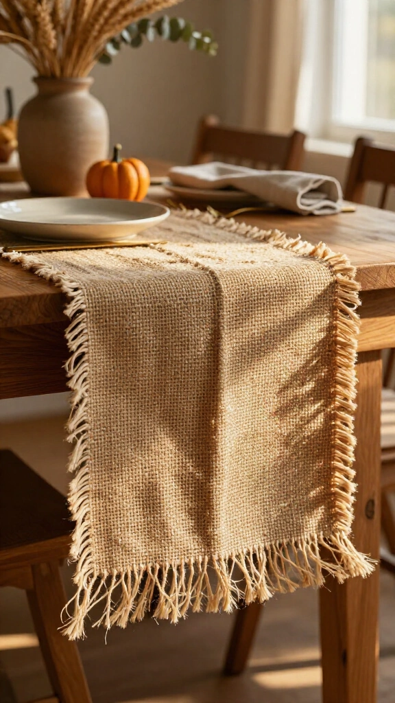 Textured burlap and fringe table runner