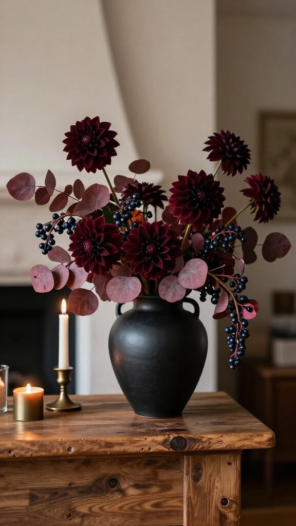 Moody dark floral mantel arrangement