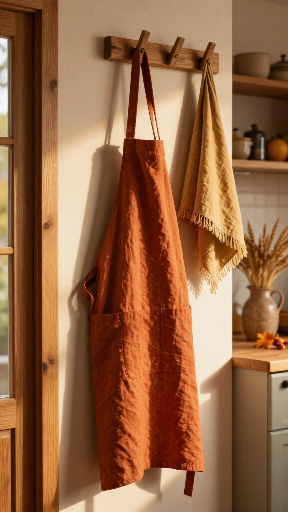 Burnt orange linen apron on wall pegs