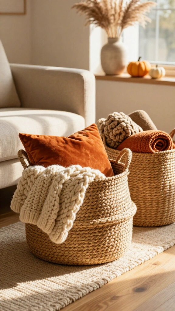 Store essentials in natural woven baskets