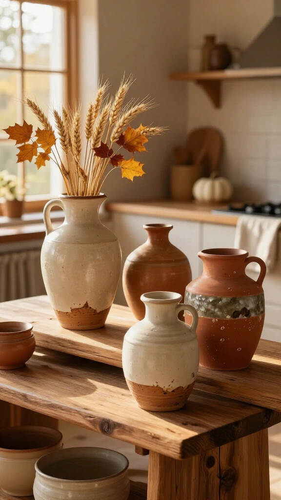 Display distressed ceramic jugs and pottery