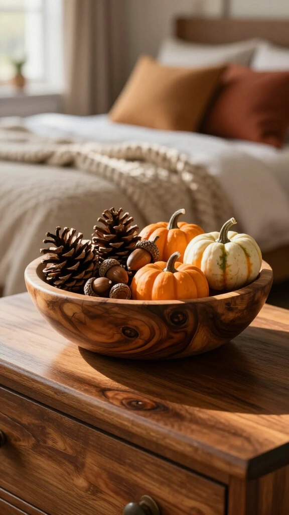 Display wooden bowls with pinecones