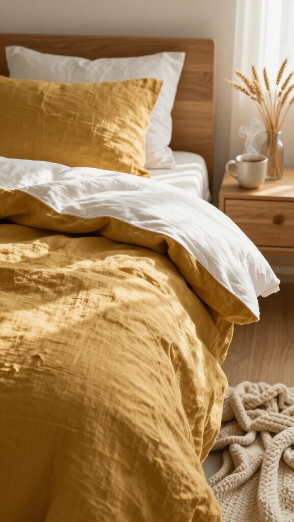 Dress beds in muted mustard yellow linen