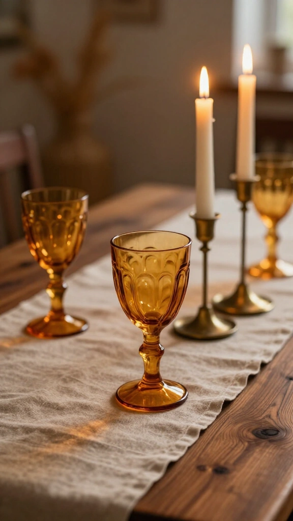 Vintage amber glass goblets and brass tapers