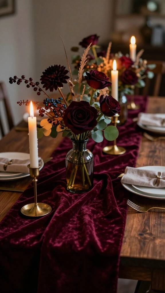 Moody velvet table runner and dark florals