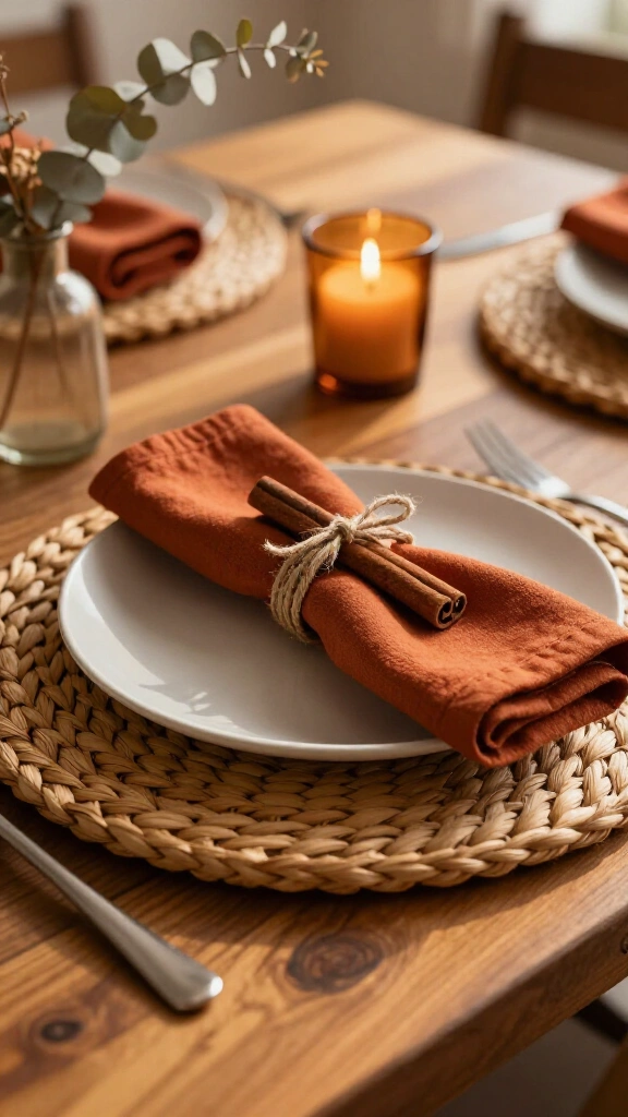 Woven rattan placemats with cinnamon sticks
