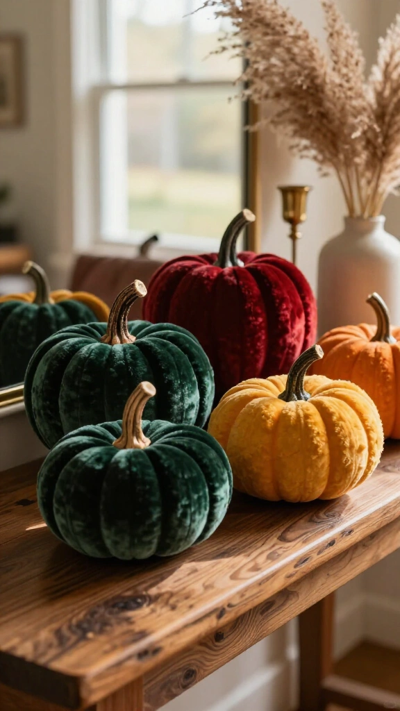 Velvet pumpkin accent clusters