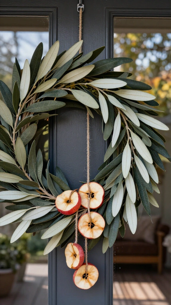 Faux olive branch and dried apple slices