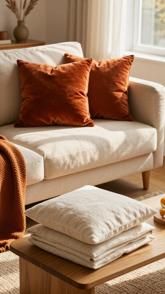 Swap light cushions for terracotta velvet pillows