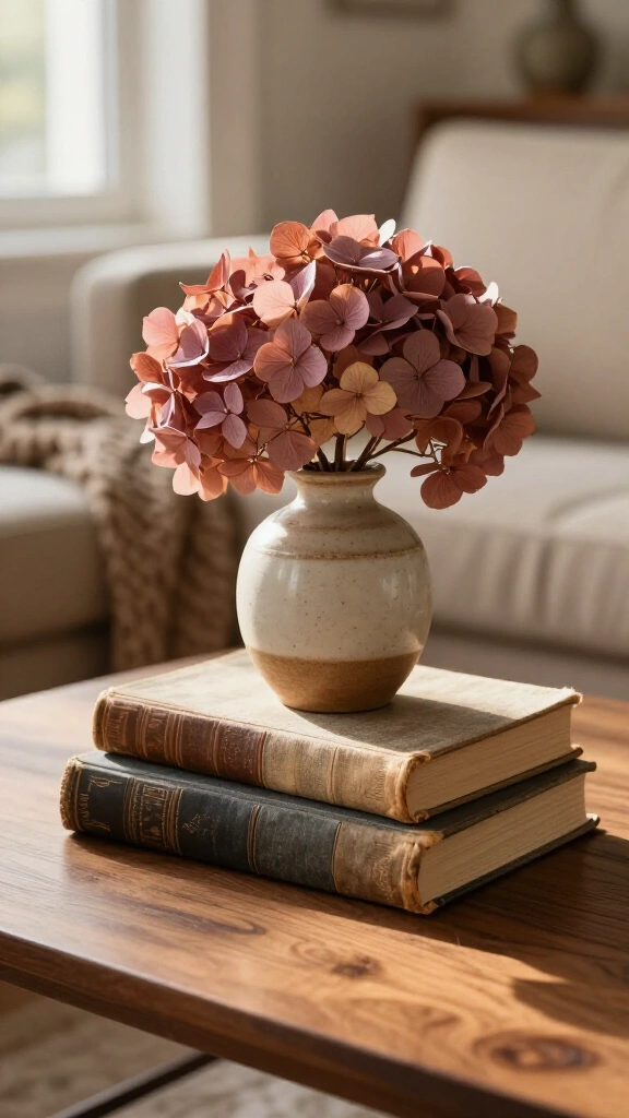 Vintage hardcover books with dried hydrangeas