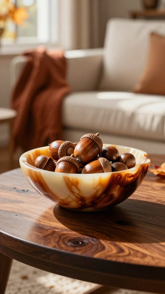Horn bowls filled with polished acorns