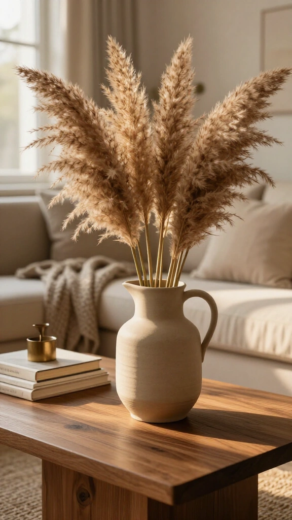 Stoneware pitchers with tall pampas grass