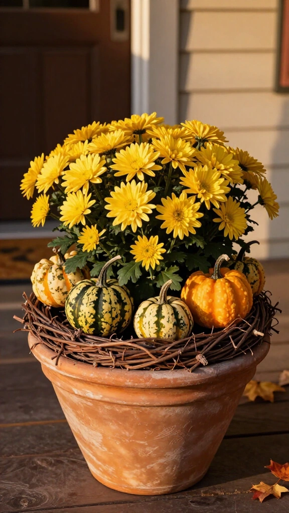 Twig nest and gourd accented pots