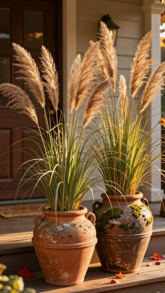 Terracotta pots with tall grasses