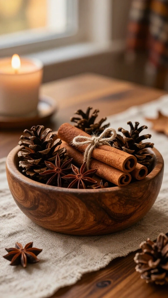 Cinnamon stick and pinecone table centerpieces
