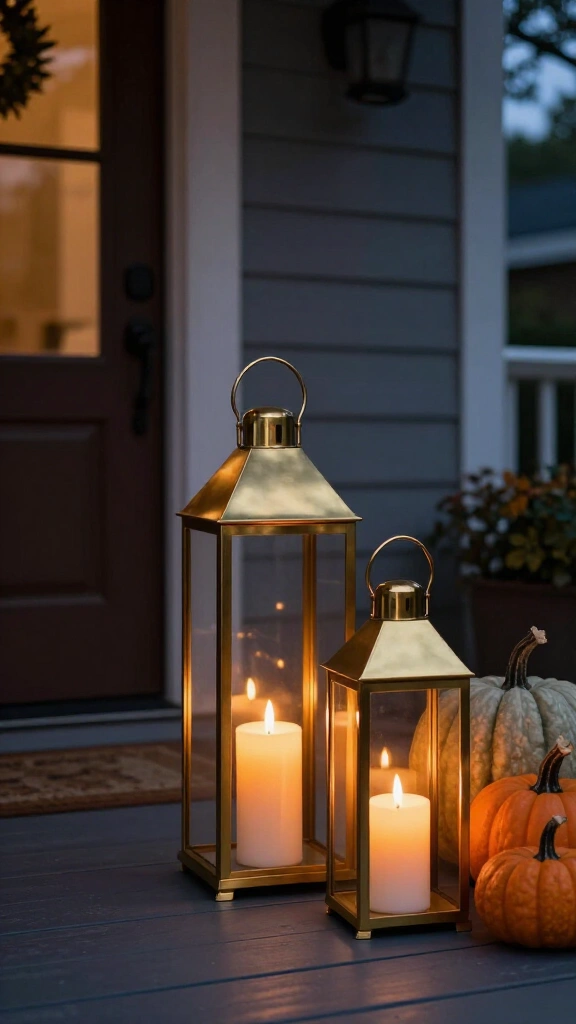Brass lanterns and LED pillar candles