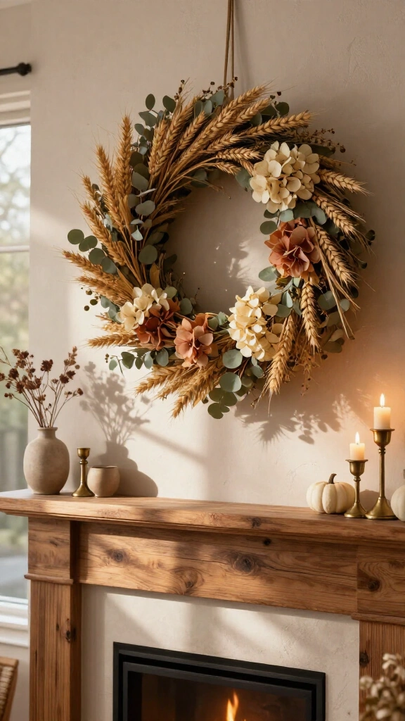 Dried wheat and floral wreaths