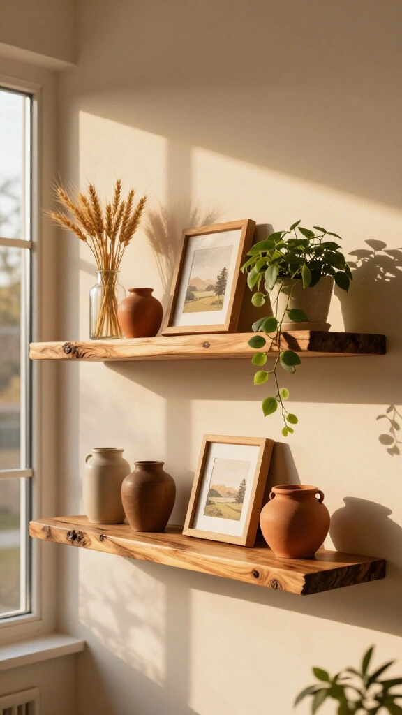 Warm wood tone wall shelving