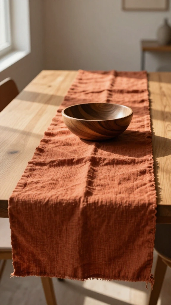 Introduce warm terracotta linen table runners
