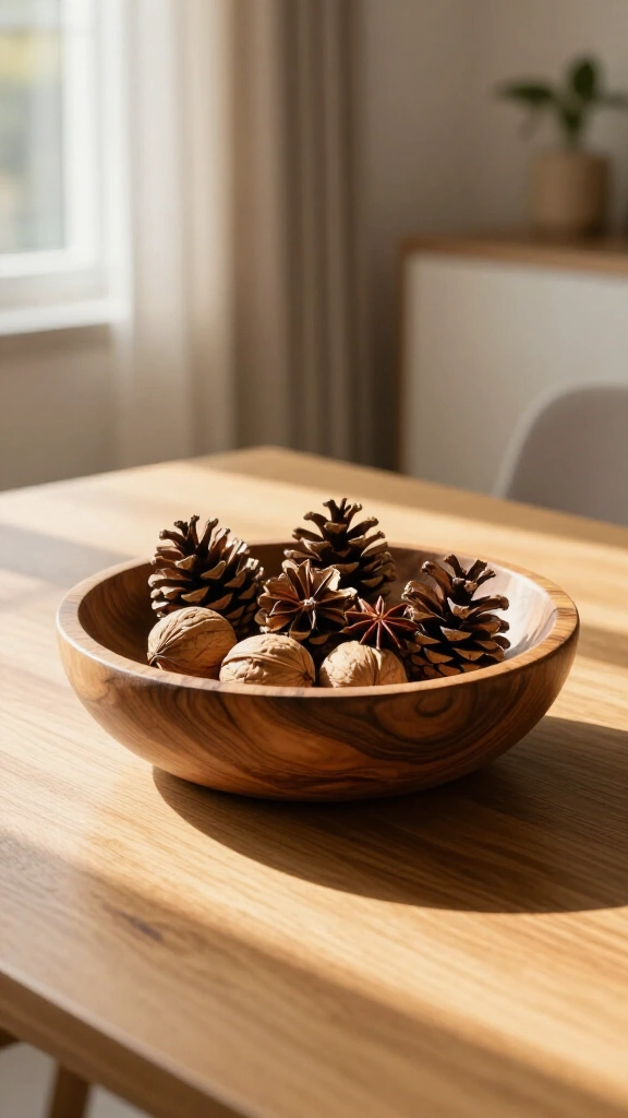 Fill a natural wood bowl for a quick centerpiece