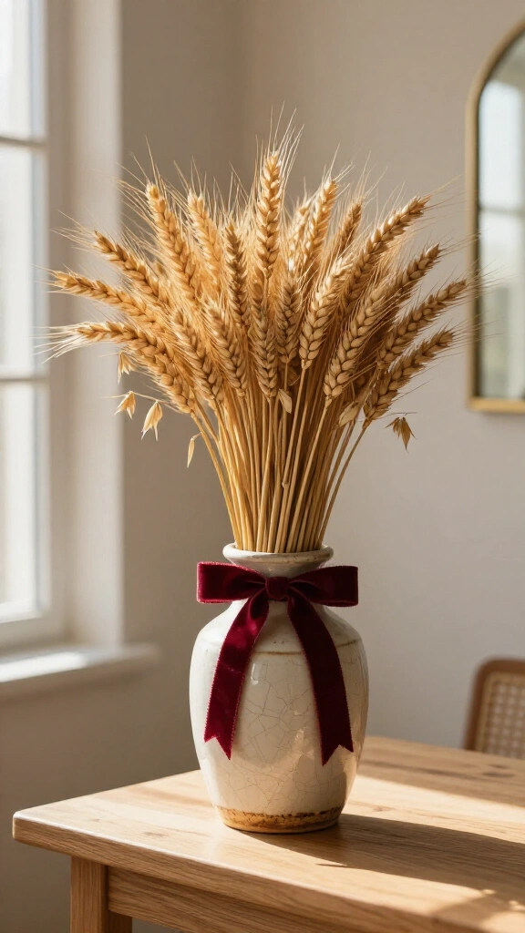 Display bundled dried wheat and oat sheaves