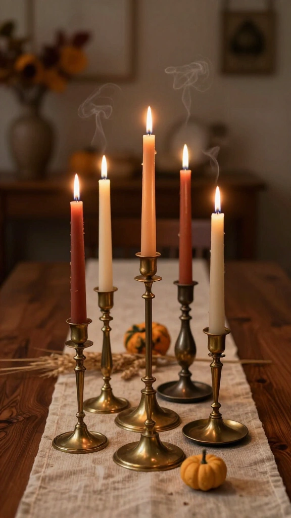 Taper candles in vintage brass holders