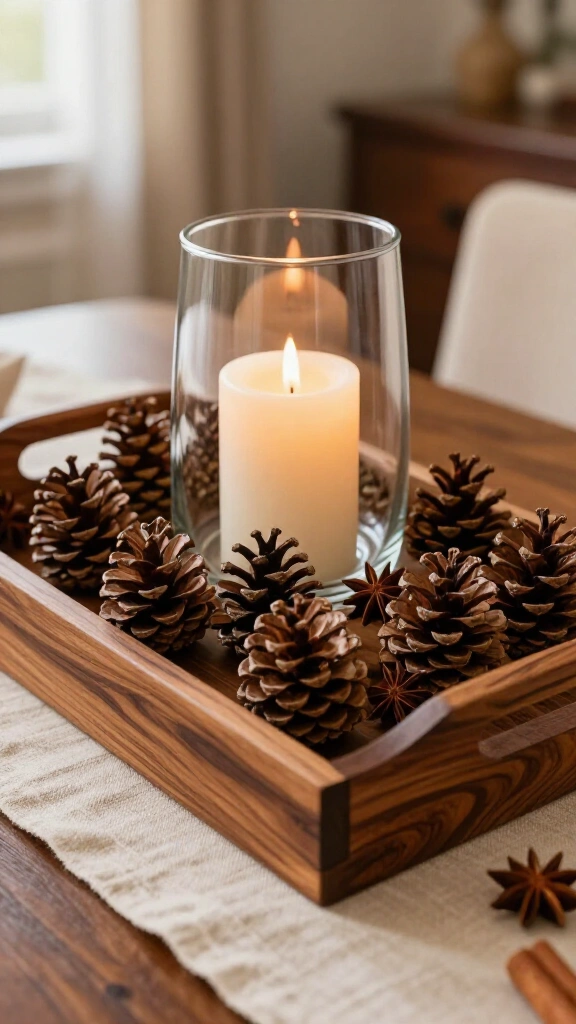 Warm wood trays with scented pinecones