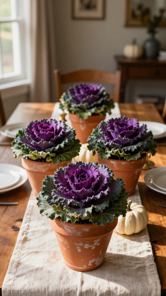 Terracotta pots with ornamental cabbages