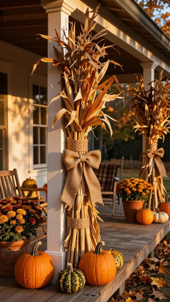 Cornstalk bundles framed around columns
