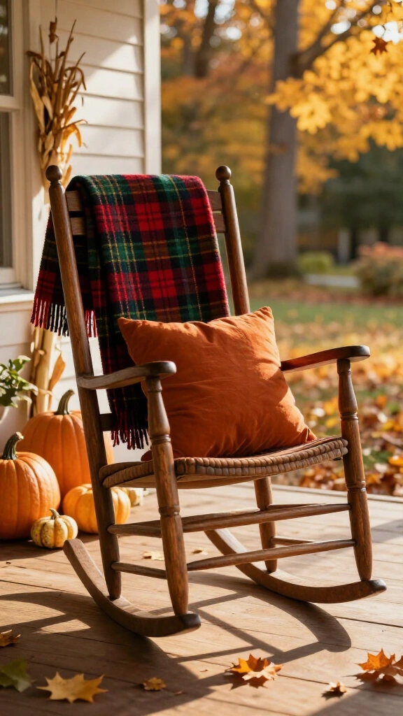 Cozy plaid throws draped over outdoor seating