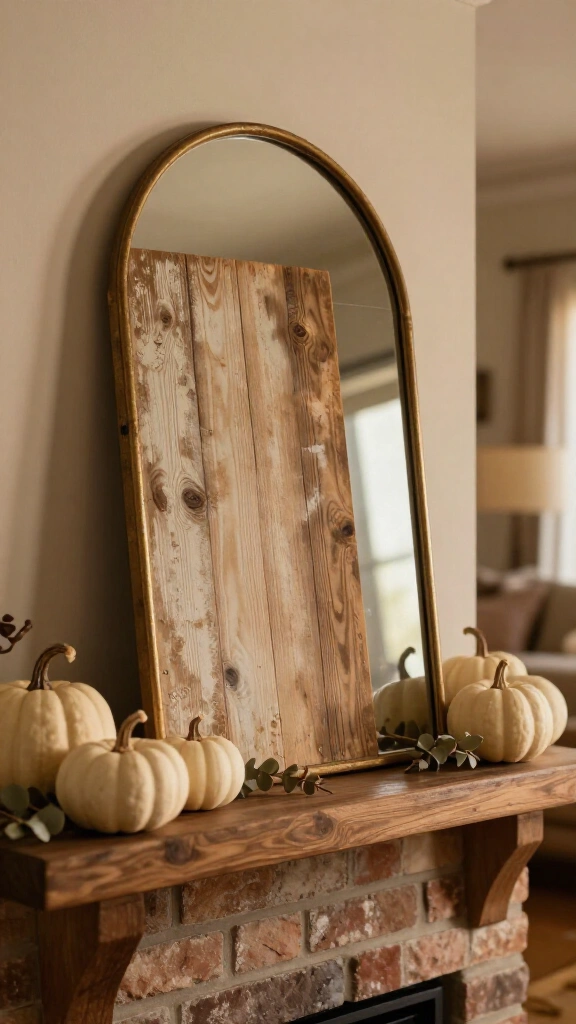 Layered rustic wood signs and vintage mirrors