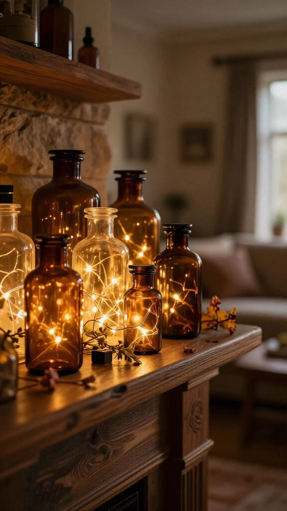 Warm amber glass bottles with twinkle fairy lights