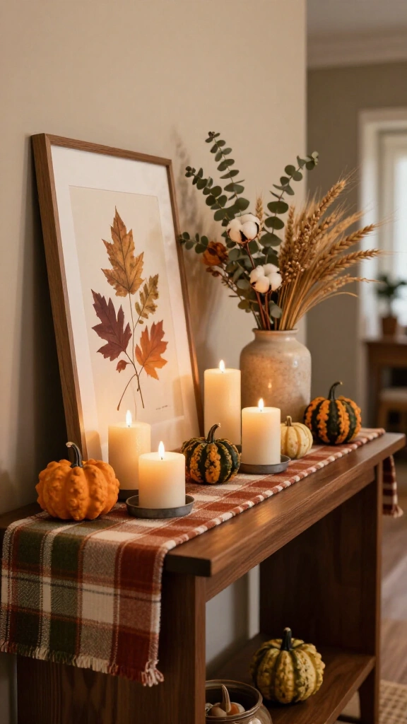 A foliage-filled entryway console table
