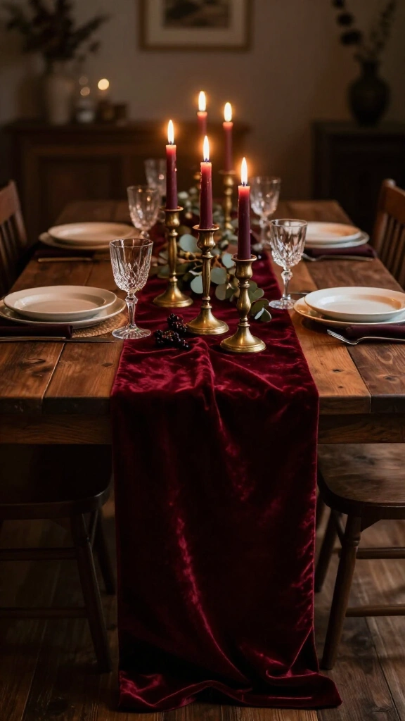 Moody velvet linens with vintage brass candlesticks