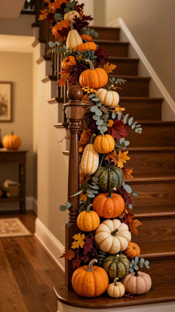 Mini pumpkin garland along a staircase or railing