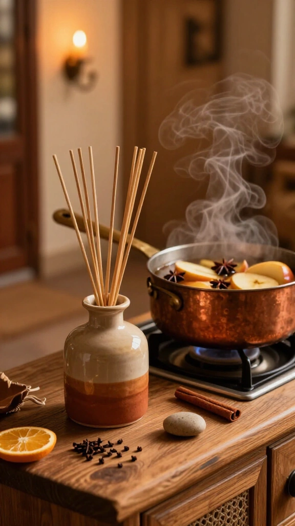 A seasonal scent diffuser or simmer pot near the entry