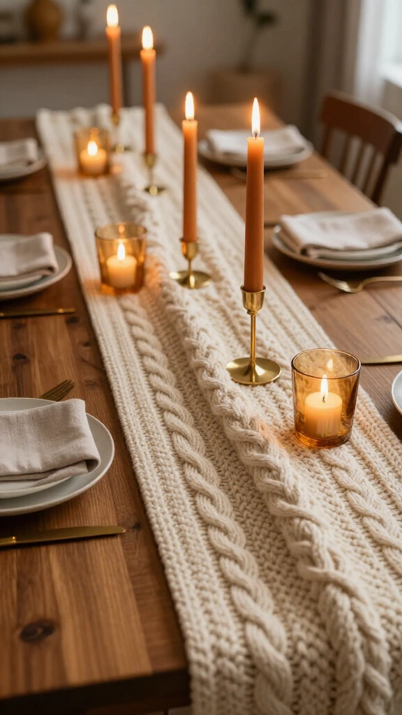 Sweater-weave knit runner with warm taper candles