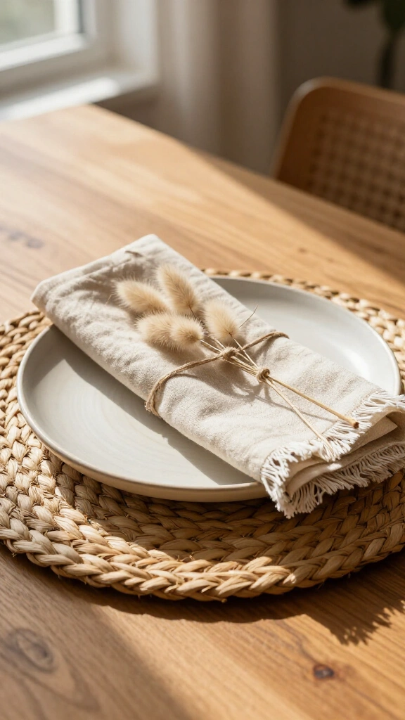 Layered seagrass placemats with soft frayed linen
