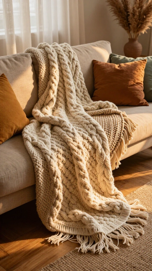 Layered chunky knit and macramé throws