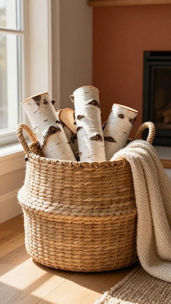 Woven seagrass baskets filled with birch logs