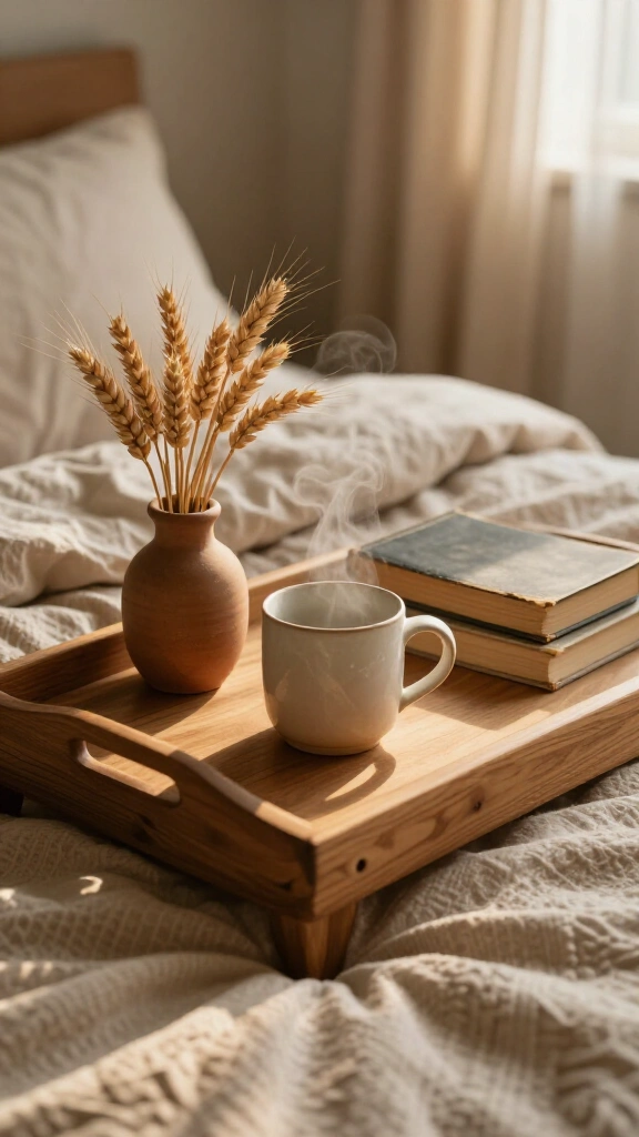 Add a rustic wooden bedside tray