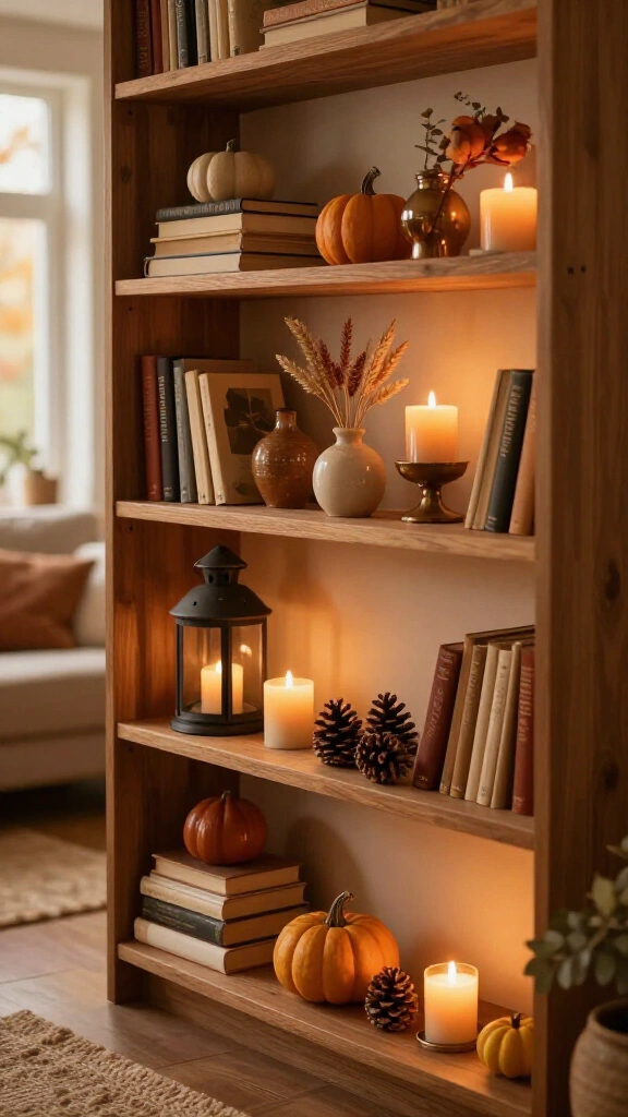 Bring in a bookshelf styled for fall