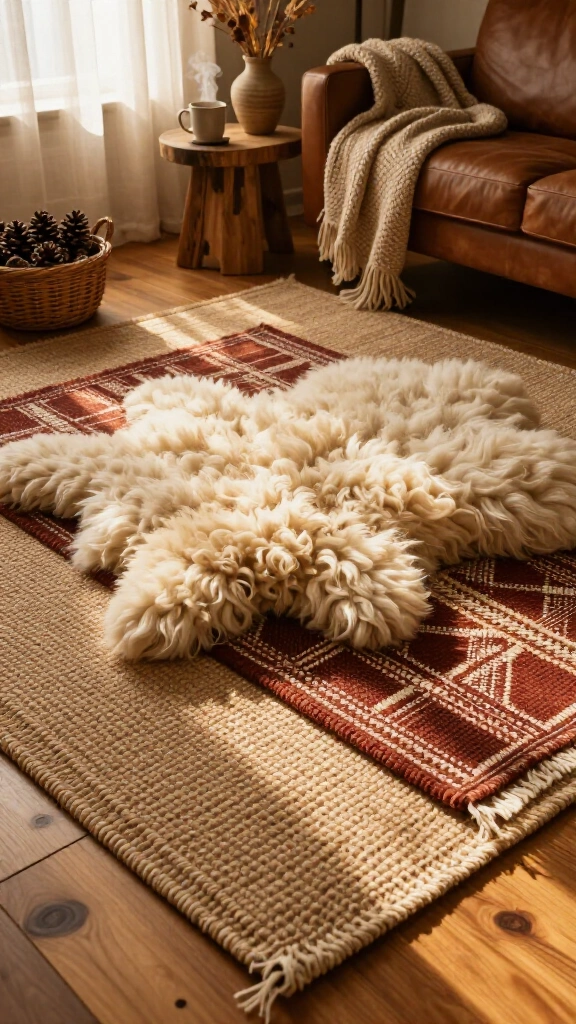 Double up on layered rustic rugs