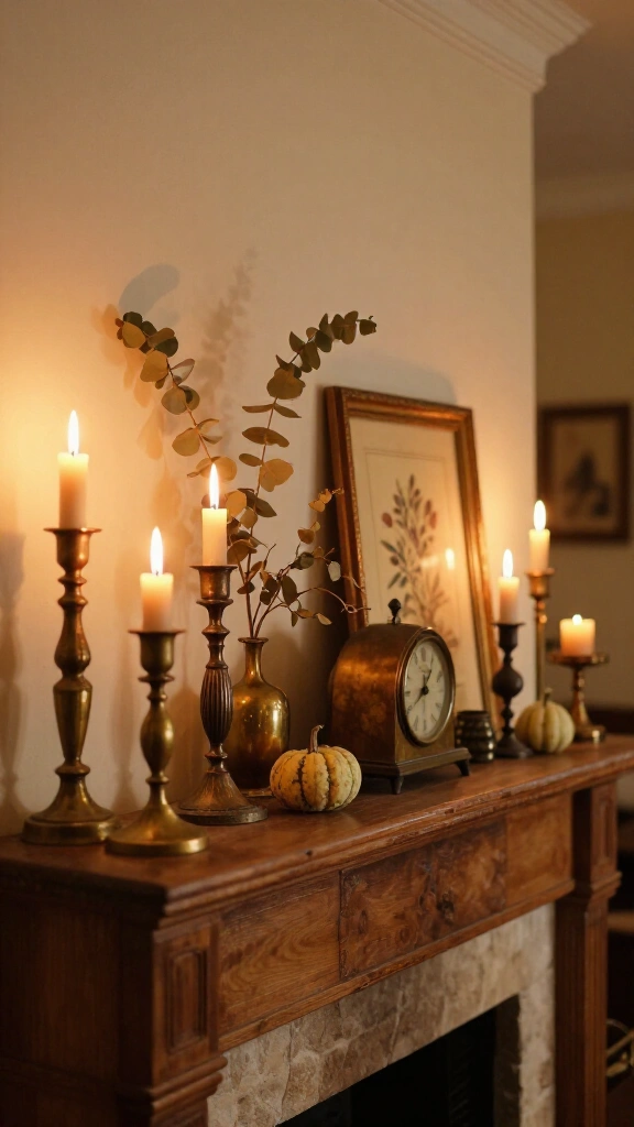 Style a vintage mantel with candlesticks and foliage