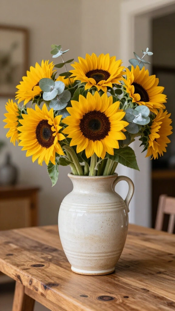 Rustic sunflower and eucalyptus jug