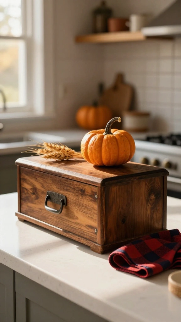 A rustic bread box with seasonal touches