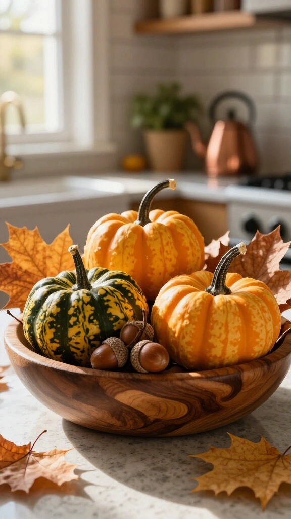 Mini gourds and acorns in a wooden bowl
