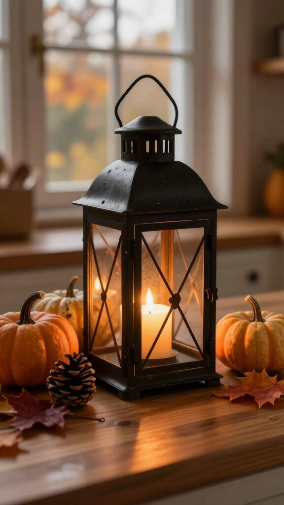 A lantern with a flickering LED candle