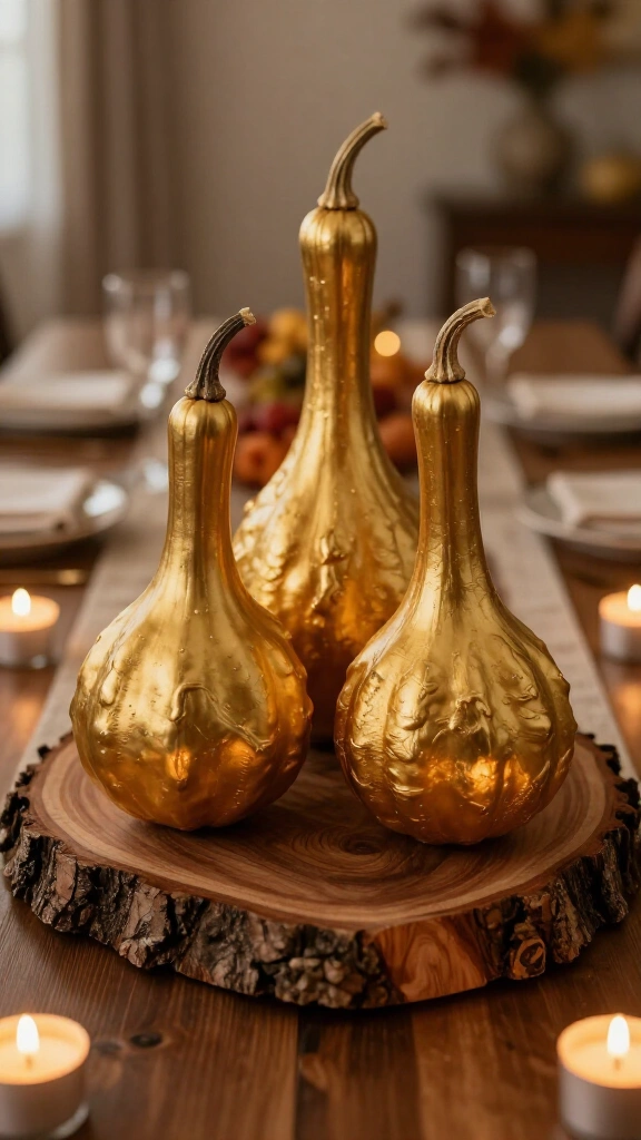 Gilded gold gourd trio on raw wood slices