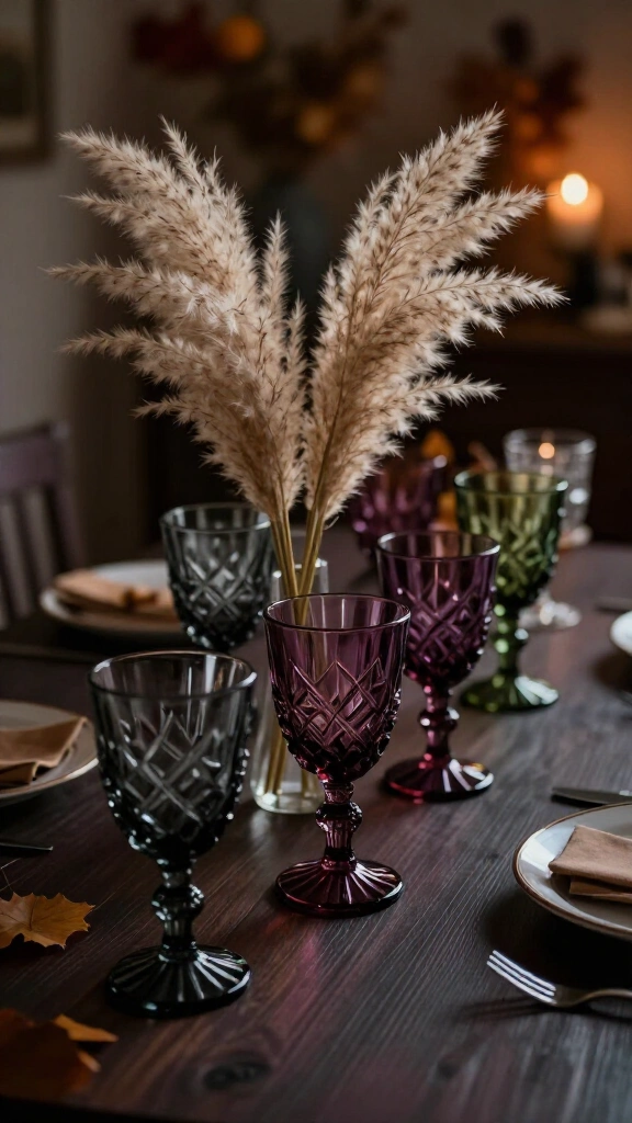 Moody pressed glass goblets with dried pampas grass